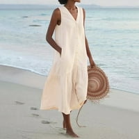 Tkinga modna ženska ljetna casual čvrsta labava sandurma V izrez s ramena Maxi haljina za plažu Beige