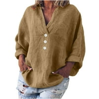 Ženske pamučne posteljine vrhovi prevelizirani bluza s dugim rukavima VAK BLOUSE FALL OSNOVNI TUNIC TUNIC TURINS LINEN SHIrts Khaki M
