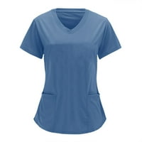 Cuoff bluze za žene modni V-izrez kratki rukav rukav s džepovima Čvrsta boja Žene plavi 1x