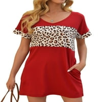 Voguele Women majica Leopard Ispiši ljetne vrhove V izrez majica za odmor TEE labav tunik bluza crvena m
