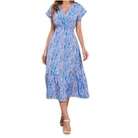 Odeerbi haljine za ženske casual haljine modni V-izrez Friralni ispis kratkih rukava labava haljina plava