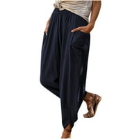 Symoid Womens casual pantalone - visoke hlače za usponu, čvrsti nosači vintage stilski pamučni i posteljini dvostruki džepovi rastu široke pantalone na prvom mjestu XL