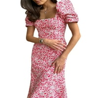 Ženska ljetna midi haljina casual kratka rukav na listu cvjetna tiskana haljina Elegantna cvijeća haljina