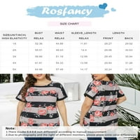Rosfancy Womens Plus Veličina Ljeto vrhovi Crew Crt kratkih rukava Striped cvjetna tiskana majica Crna