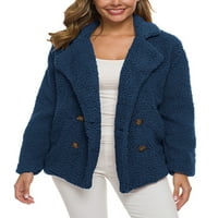 Glookwis Ženske jakne od pune boje labave runo Fuzzy kaputi Ležerne prilike Revolev mornarice s dugim rukavima Plava 4xl