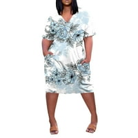Ženska ljetna plus veličina V-izrez kratki rukav Ispis džepa za koljena Ležerne haljina bijela XL