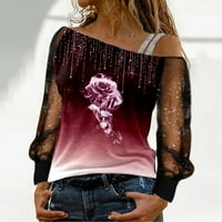 Iopqo grafičke mase za žene Žene Modni ispis hladnog ramena t majica mreža dugih rukava s velikim rukavima