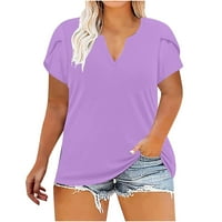 Plus veličine za ženske ljetne latice majice s kratkim rukavima, pune boje Casual V izrez Loose Comfy