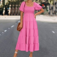 Žene plus veličine Ženska modna modna kaučana boja kvadratna kratka haljina s bubnjama vruće ružičasta
