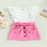 Aturuste Toddler Girls Ljeto odijelo setovi bijeli leteći rukav O vrat + gumb od punog boja s kaišom