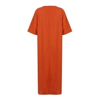 Ballsfhk Ženska V-izrez Elegantna haljina casual kratkih rukava pune boje pamučne konopljene suknje