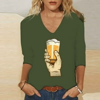 Žene Basic V izrez Trokrevetna majica s rukavima Oktoberfest pivo Print Top Ležerne prilike Labavi jesenski pulover Majice Maslina Green B