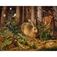 Hans Hoffmann Crni moderni uokvireni muzej umjetnički print pod nazivom - zec u šumi