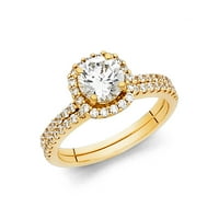 Čvrsta 14K žuta zlatna okrugla kubična cirkonija CZ svadbeni opseg i angažman mladenkini prsten Dvije postavljene veličine 7,5
