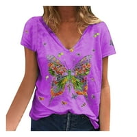 Ljetni vrhovi za ženu Modni ženski V-izrez ljetni kratki rukav leptir otisci vrhovi labave majice