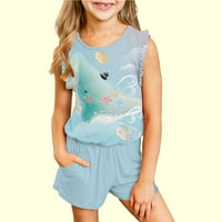 Wavsuf toddler Djevojka za odjeću komfor hlače od tiskanih pamučnih svjetiljka bez rukava plava odijela Postavljena 9- godina