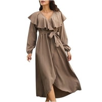 Ljetne haljine za prodaju za žene za žene dugih rukava s dugim rukavima Slana boja V-izrez Midi Fit