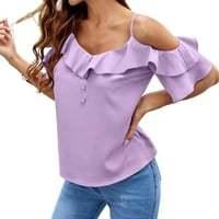 Ženska bluza vrhovi ruffle trim hladnom bluzom na ramenu lila ljubičasta s