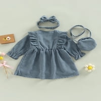 Djevojka toddlera jesen Slatka haljina, dugi rukav okrugli vrat ruffled gumb A-line haljina sa kopčama i vrećicom
