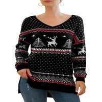 Ženska strana s dugim rukavima V-izrez Split Ležerne prilike, Pletit pulover džemper bluza FP ELK Black-Medium