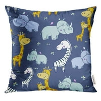 Slatko nasmijani hippo i ptica na glavi Zebra žirafe sa spotovima Tamni crtani hipopotamus bacaju jastučnicu za jastuku