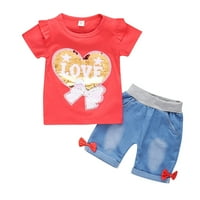 Dječja odjeća za djevojke Toddler Baby Girls Ruffle Paillette Love Bow Ispran vrhovi + traper kratke hlače outfit chmora