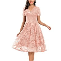 Ženska kratka rukava Modni modni haljina čipke V-izrez Pink L
