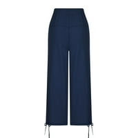 Womans Ljeto u boji pamučne posteljine kapris labav džep u obliku kapljica s džepovima hlače plave l