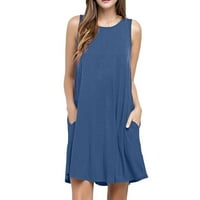 Cleance Summer haljine za žene okrugla izrez Modna čvrstona koljena, haljina bez rukava plava 2xl