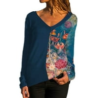 Smihono Cleariance Ljeto Ženske modne košulje V-izrez Trendna odjeća za žene Bluza s dugim rukavima Klasična udobna majica Cvjetni grafički grafički ispis Patchwork Tops Navy 6