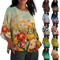 Lanene bluze za žene ljetne pamučne posteljine na vrhu casual cvjetnog ispisa labavi osnovni majice
