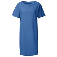 Outfmvch posteljina haljina Plava haljina kratki rukav lana haljina A-line Party Sunderss Džepna haljina