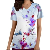 Leesechin ženski ugrađeni vrhovi čišćenja dame plus veličine V-izrez cvijeće za ispis gumba s kratkim rukavima majica bluza