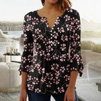 Charella Women Ljeto prekrivena Regularna bluza Žene Rukavice V-izrez Dugme Vruže bluza Crna, m