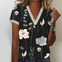 Ženska oblačna ležerna bluza čipka V izrez kratkih rukava kratkih rukava Kawaii grafički trendi tunički ties crni m