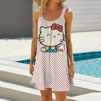 Žene Ljetne špagete remen O-izrez A-line mini ljuljačka haljina Boho Cartoon Hello Kitty Ispiši labavu