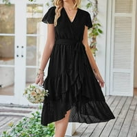 Boho ljeto maxi haljina za žene na plaži Čvrsta boja duge haljine ruffles casual ležerne s V-izrezom Split asimetrične zabavne haljine crnac