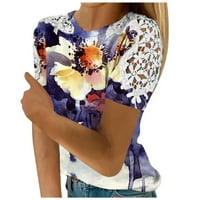 Žene ljetne vrhove Modna čipka šuplji print Okrugli vrat kratkih rukava majice na vrhu bluza m