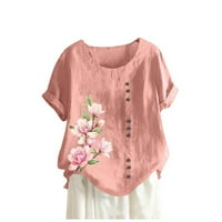 Thirts majice za žene, žene kratkih rukava na vrhu ljetne grafičke cvjetne tiskane pamučne konoplje bluza tunike ružičaste xxxl
