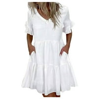 Clearsance Ljetne haljine za žene kratki rukav A-line mini modne čvrste V-izrezske haljine bijela 3xl