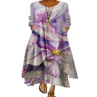 Prednjeg swalda ženska casual maxi haljina retro tiskane dugih rukava nepravilne haljine V izrez labava kaftna haljina