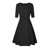Ženska elegancija ruched haljina okrugla rukav za rukav Sred Midi A-line haljine crne + s