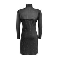 Pgeraug Black haljine za žene Glitter Split Hems kontrastne meshturtleneck dugih rukava za zabavu za