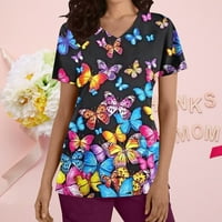 USMIXI slatki vrhovi za žene leptir tisak V-izrez kratkih rukava s majicama Summer Moda Lagana medicinska
