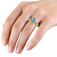 London Blue Topaz i dijamantski cvjetni halo zaručnički prsten 1. CT TW u 14K žutom zlatu.Size 7