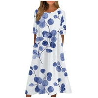 APEPAL ženske ljetne maxi haljine kratki rukav boho print ljuljac a-line haljina s džepovima plava m