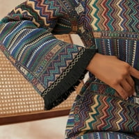 CLLios jakne za žensko dugme dolje etničko štampano pleteno odijelo Retro rub dugih rukava slobodnog