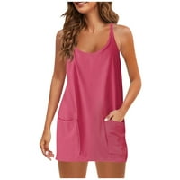 Ženske haljine bez rukava A-line koljena, Ležerne prilike, puna halter ljetna haljina vruće ružičasta 3xl