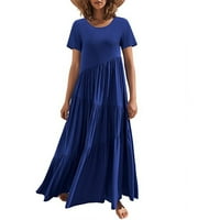 Clearsance Ljetne haljine za žene kratki rukav A-line maxi modni ispisani izrez za vrat plavi 2xl