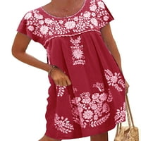 Grianlook Women Midi haljina kratki rukav Tunic haljine posada Crta Havajska ljetna plaža Sunderss cvjetni
